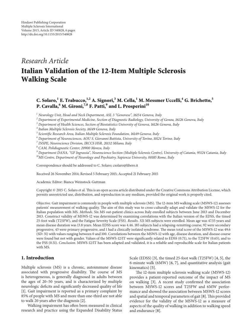 PDF) Italian Validation of the 12-Item Multiple Sclerosis Walking Scale