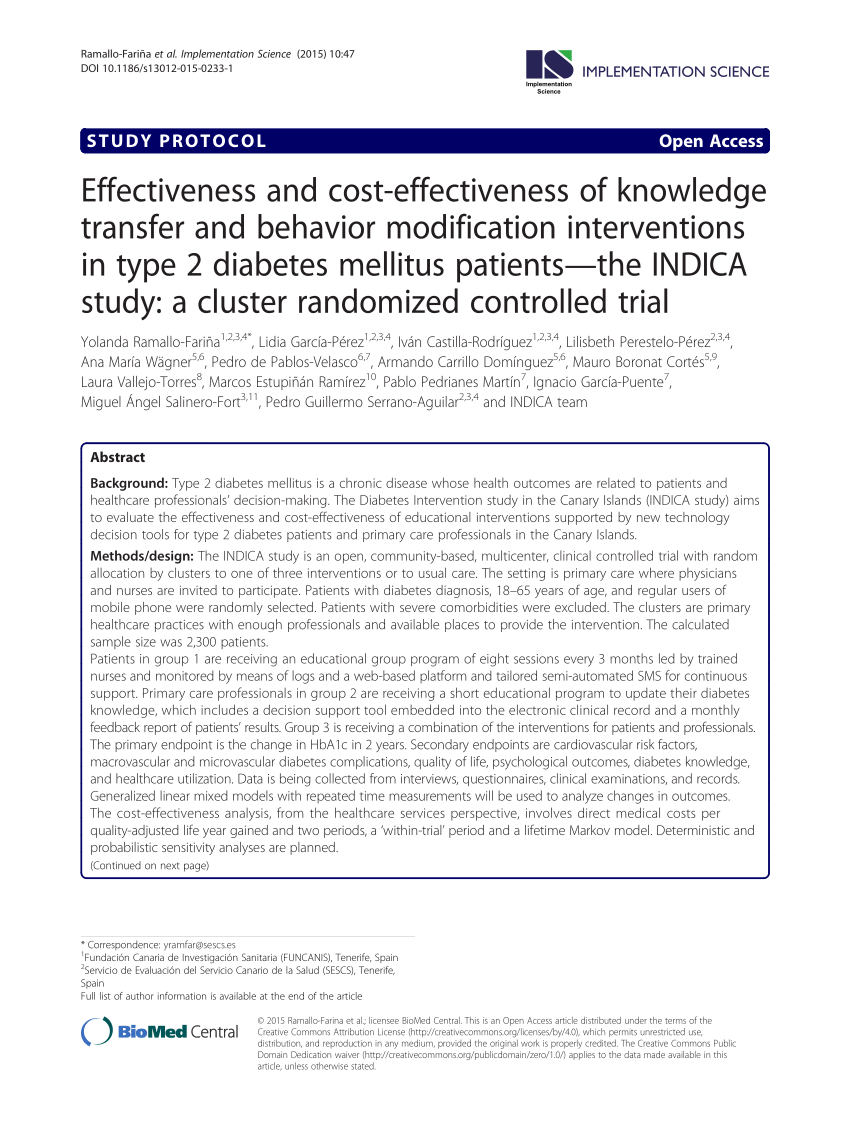 PDF) Effectiveness and cost-effectiveness of knowledge transfer and  behavior modification interventions in type 2 diabetes mellitus  patients—the INDICA study: a cluster randomized controlled trial