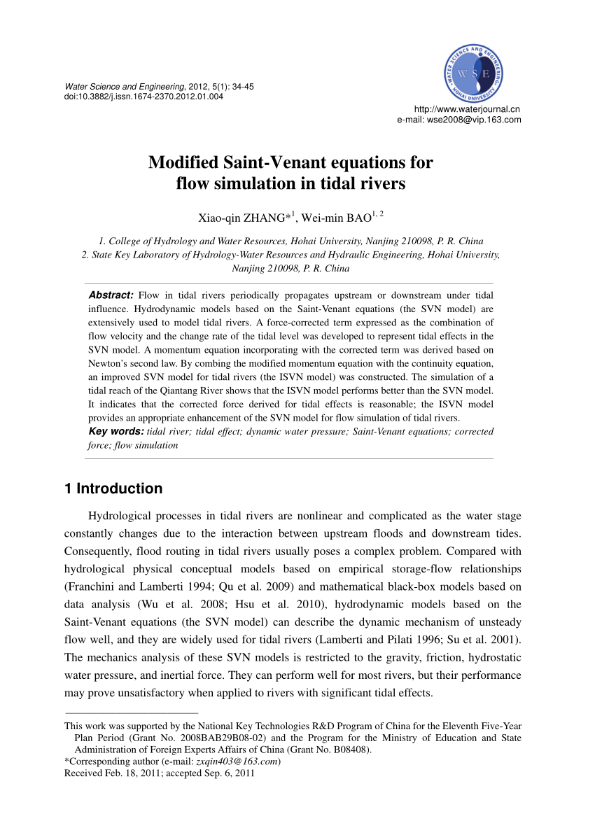 Pdf Modified Saint Venant Equations For Flow Simulation In Tidal Rivers