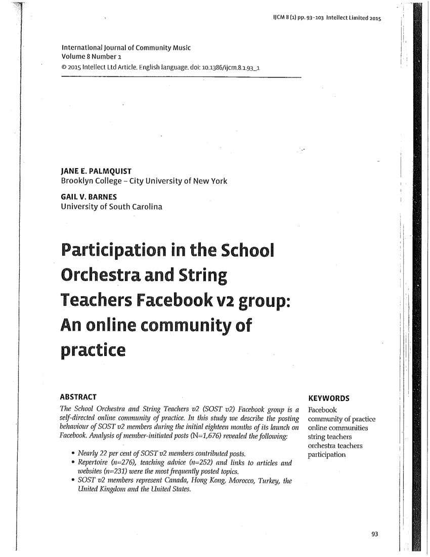PDF) Participation in the School Orchestra and String Teachers Facebook v2  group: An online community of practice