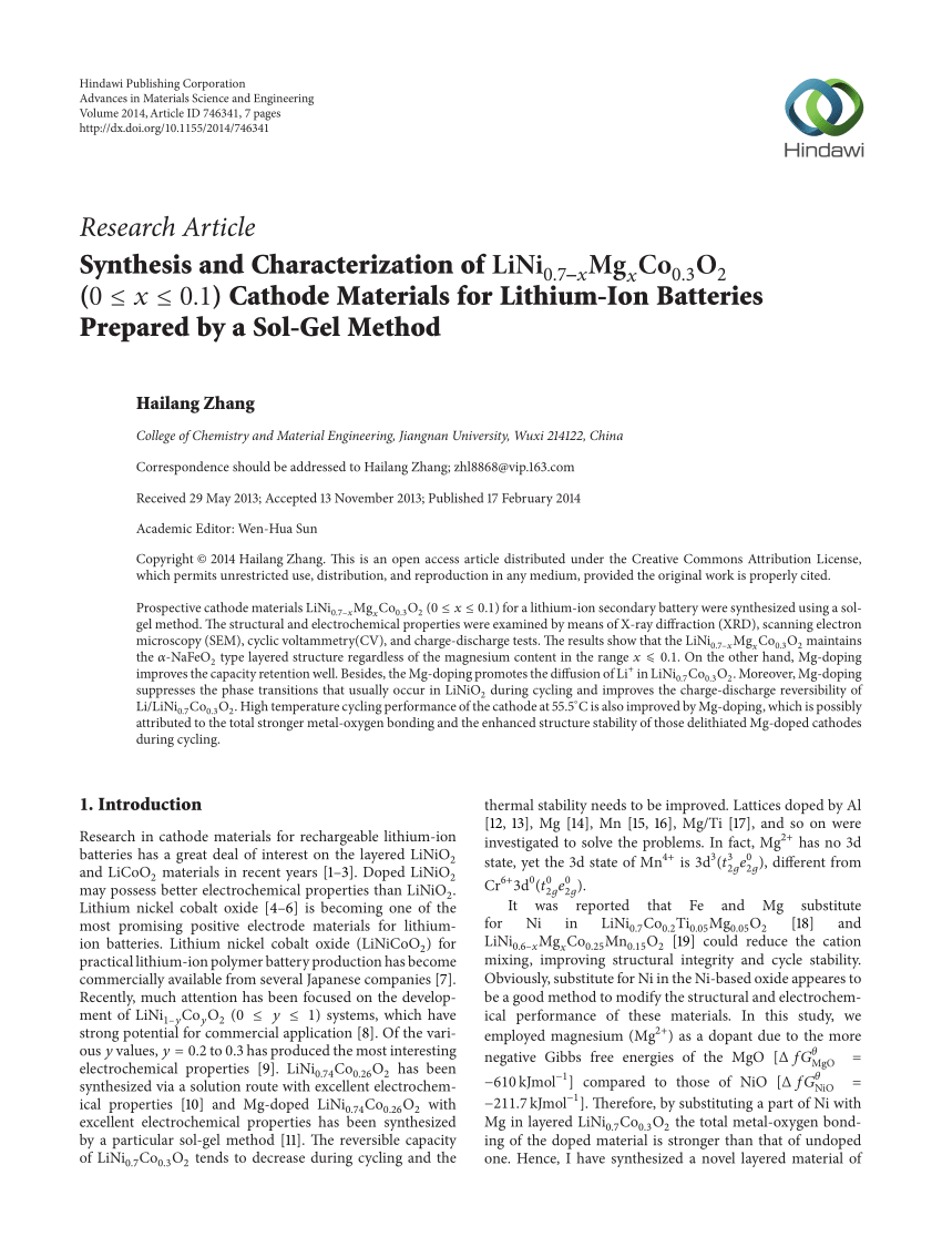 Pdf Synthesis And Characterization Of Cathode Materials For Lithium Ion Batteries Prepared By A Sol Gel Method