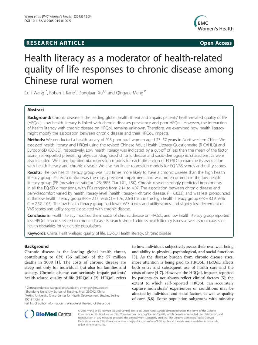 PDF) Health literacy as a moderator of health-related quality of life  responses to chronic disease among Chinese rural women