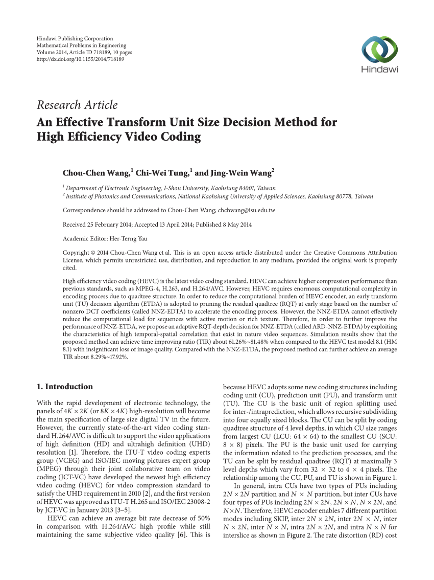 PDF) An Effective Transform Unit Size Decision Method for High ...