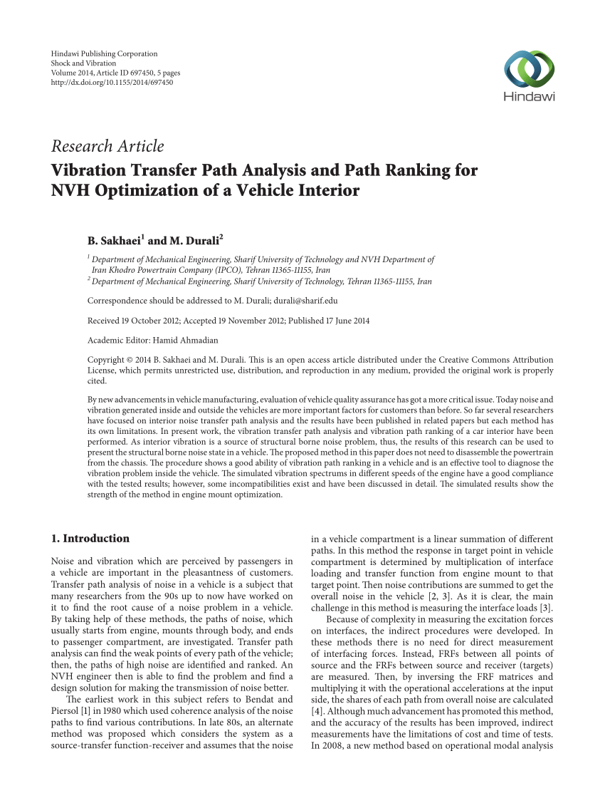 Pdf Vibration Transfer Path Analysis And Path Ranking For Nvh Optimization Of A Vehicle Interior
