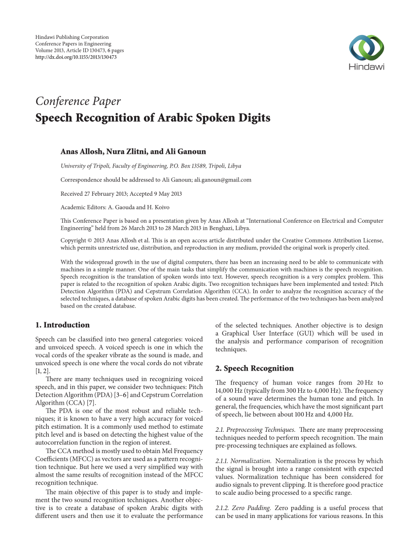 PDF Speech Recognition Of Arabic Spoken Digits