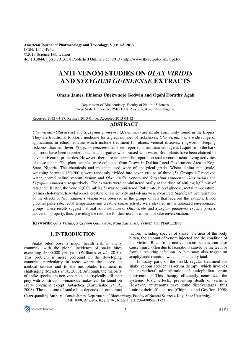 PDF) Anti-venom studies on Olax viridis and Syzygium guineense ...