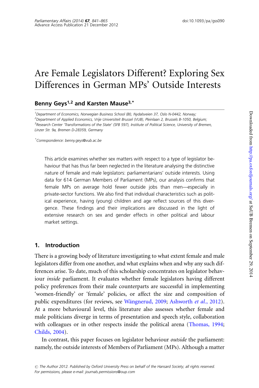 PDF) Are Female Legislators Different? Exploring Sex Differences in German MPs Outside Interests image photo
