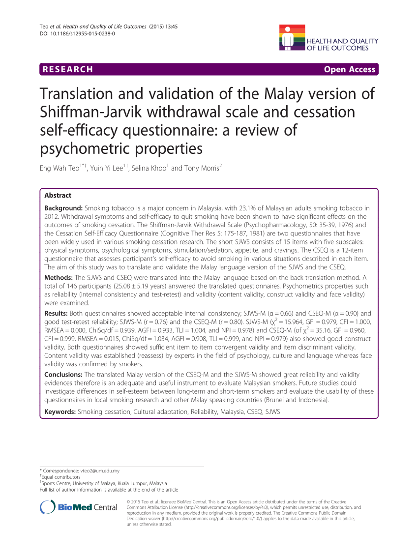 Pdf Translation And Validation Of The Malay Version Of Shiffman Jarvik Withdrawal Scale And Cessation Self Efficacy Questionnaire A Review Of Psychometric Properties