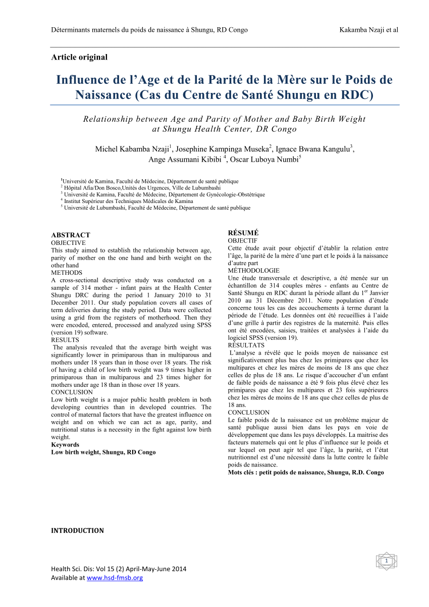 Pdf Influence De L Age Et De La Parite De La Mere Sur Le Poids De Naissance Cas Du Centre De Sante Shungu En Rdc