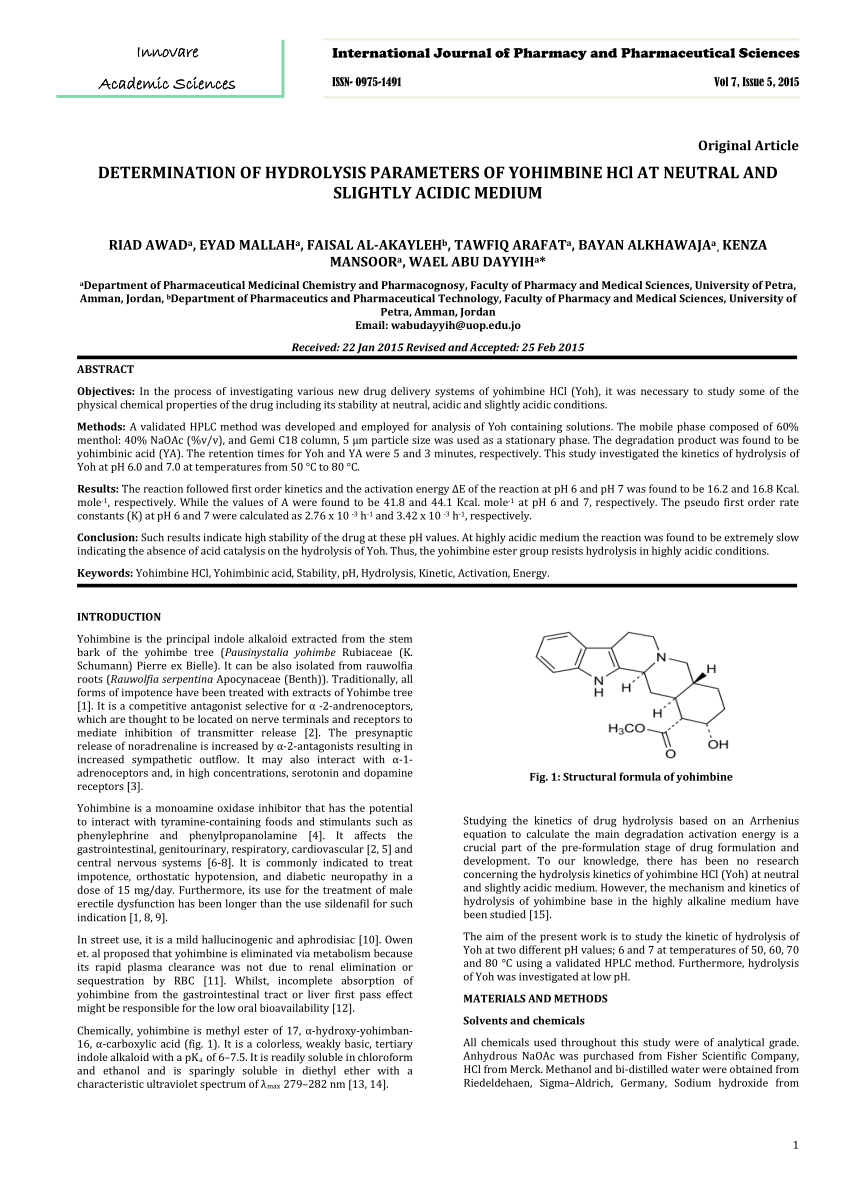 PDF Determination of hydrolysis parameters of yohimbine HCL at