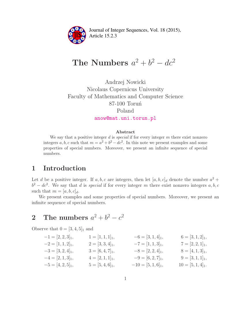 Pdf The Numbers A 2 B 2 Dc 2