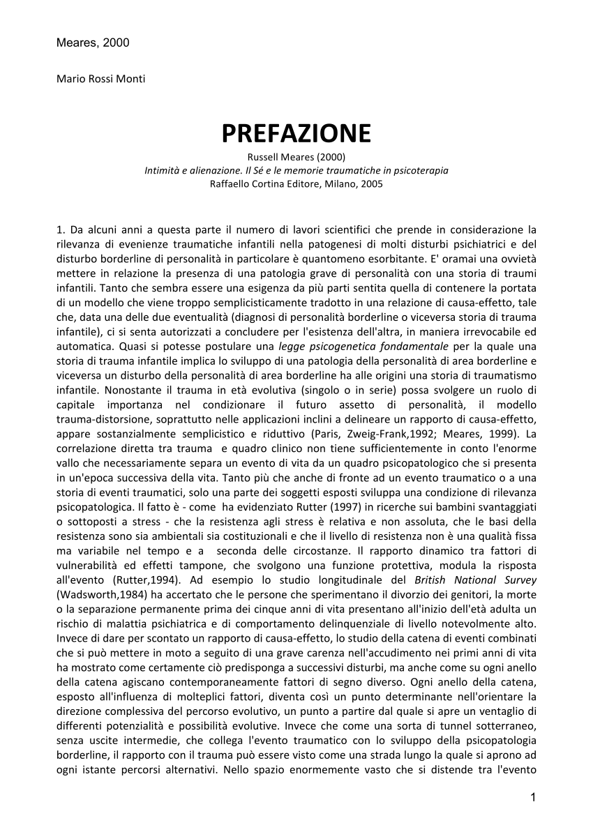 (PDF) PREFAZIONE A: PREFAZIONE Russell Meares (2000) Intimità e ...