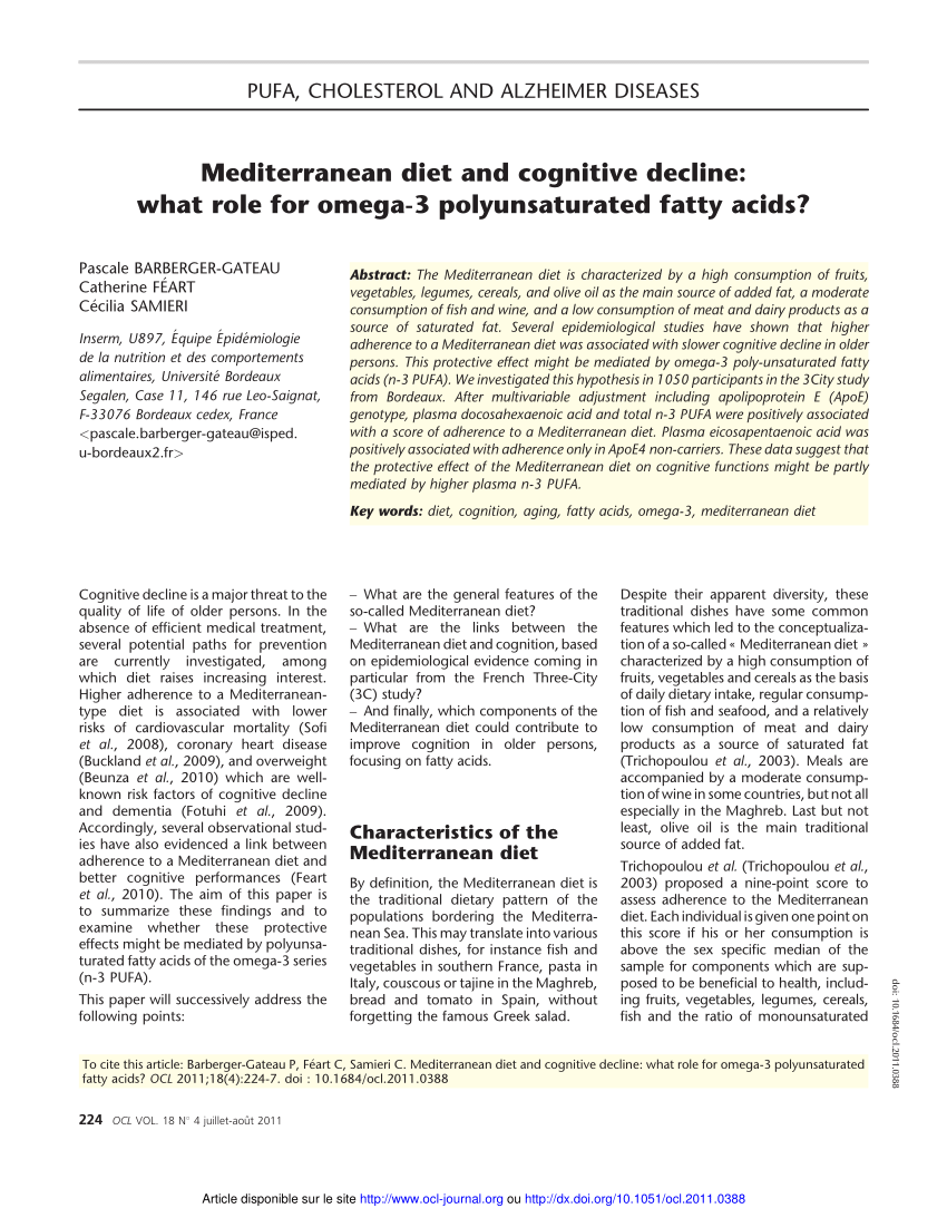 Pdf Mediterranean Diet And Cognitive Decline What Role For Omega 3 Polyunsaturated Fatty Acids