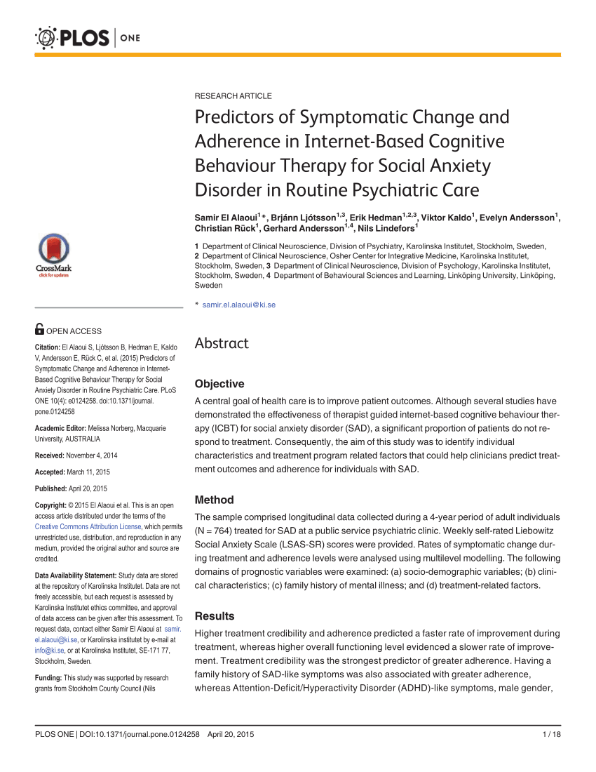 PDF Predictors Of Symptomatic Change And Adherence In Internet Based Cognitive Behaviour