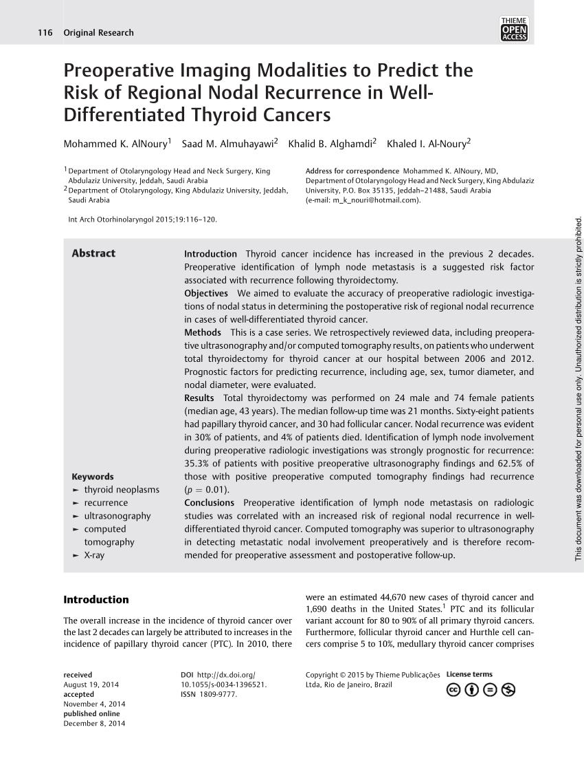 Pdf Preoperative Imaging Modalities To Predict The Risk Of Regional Nodal Recurrence In Well