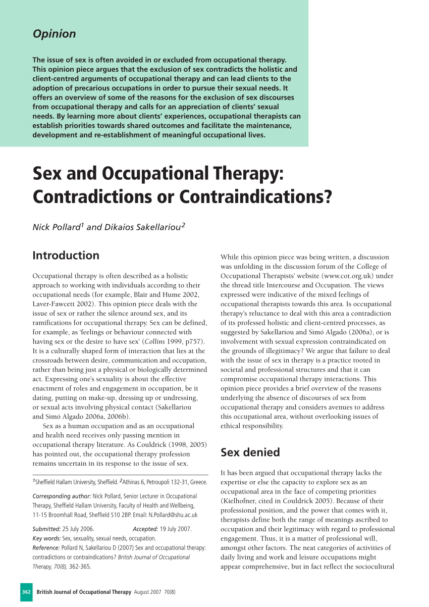 Pdf Sex And Occupational Therapy Contradictions Or Contraindications 