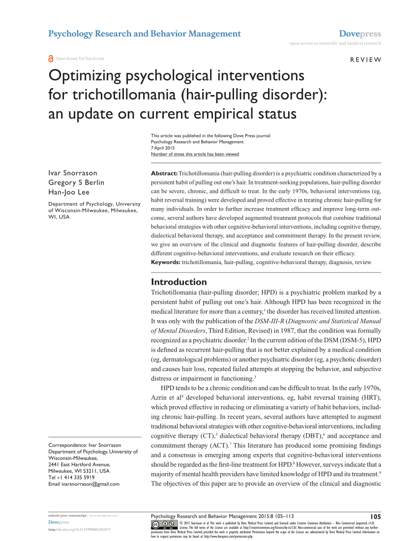 PDF) Optimizing psychological interventions for trichotillomania (Hair- pulling disorder): An update on current empirical status