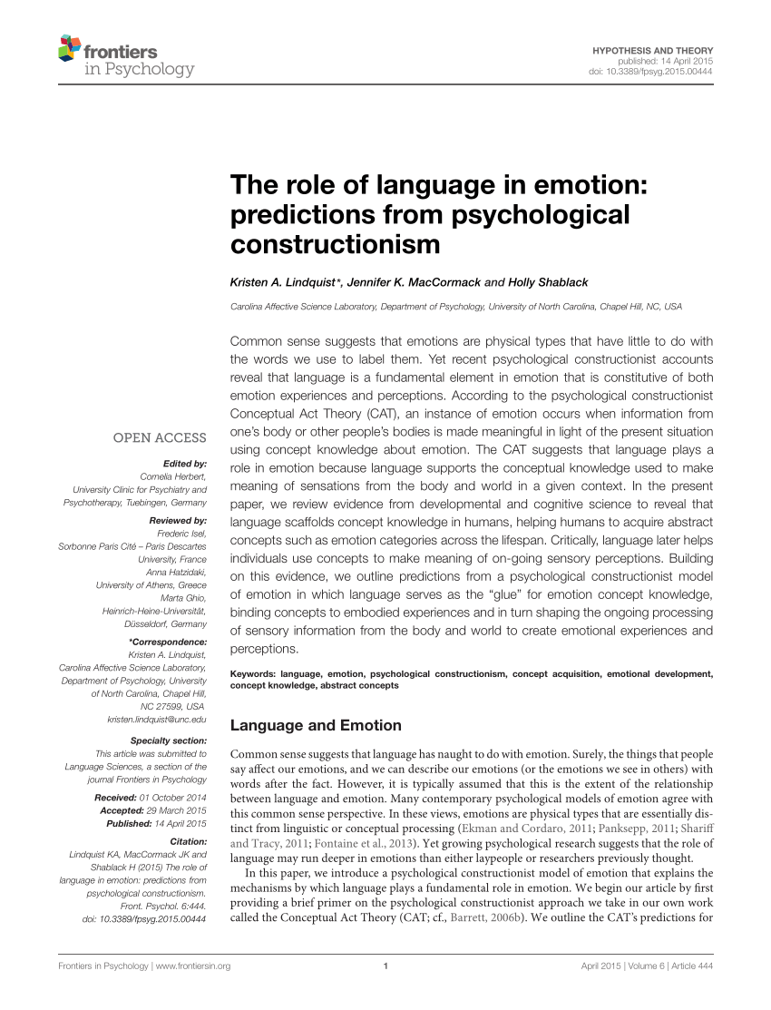 Pdf The Role Of Language In Emotion Predictions From Psychological Constructionism