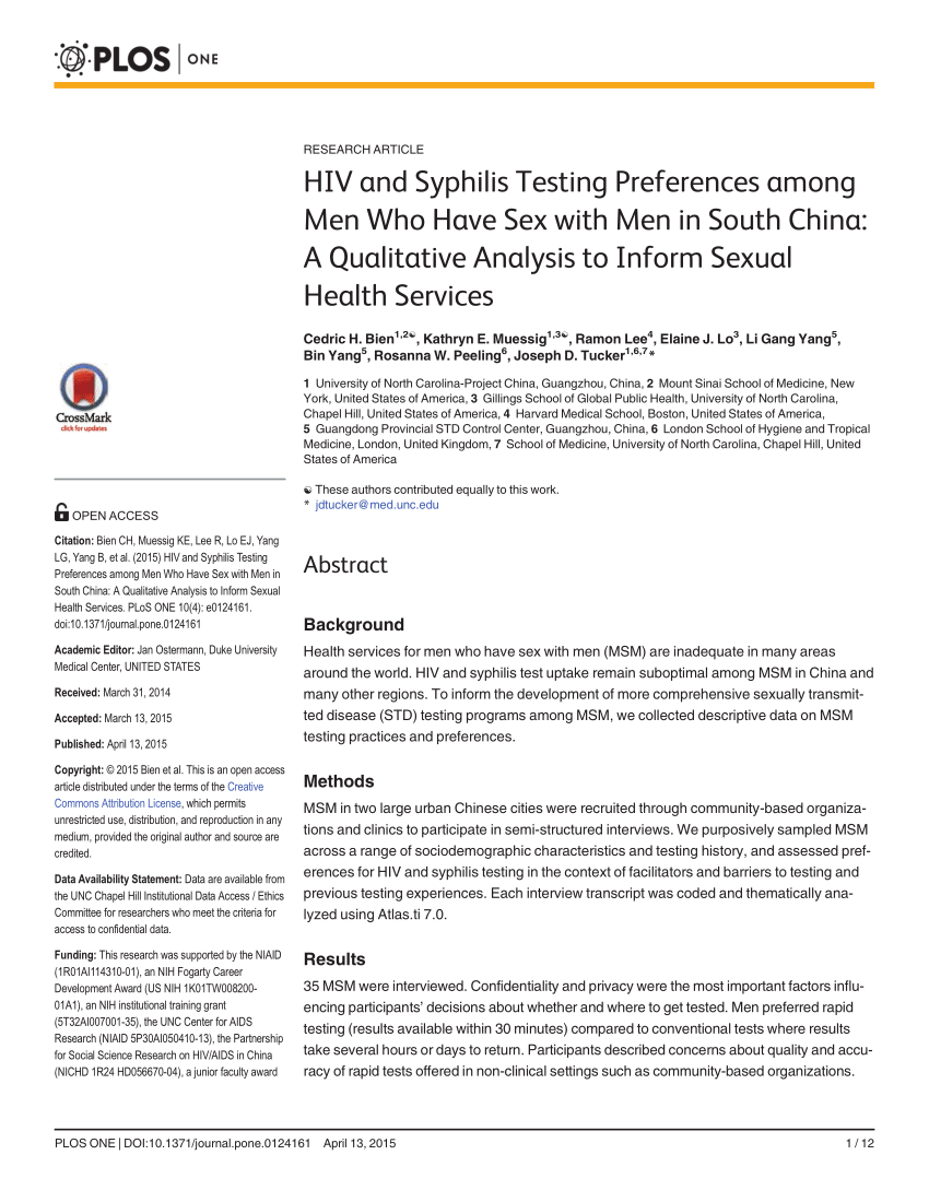 PDF) HIV and Syphilis Testing Preferences among Men Who Have Sex with Men  in South China: A Qualitative Analysis to Inform Sexual Health Services