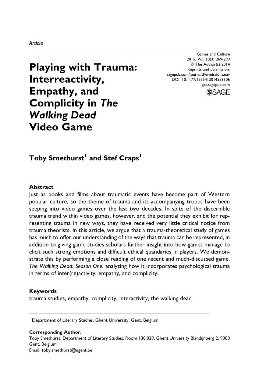 Pdf Playing With Trauma Interreactivity Empathy And Complicity In The Walking Dead Video Game