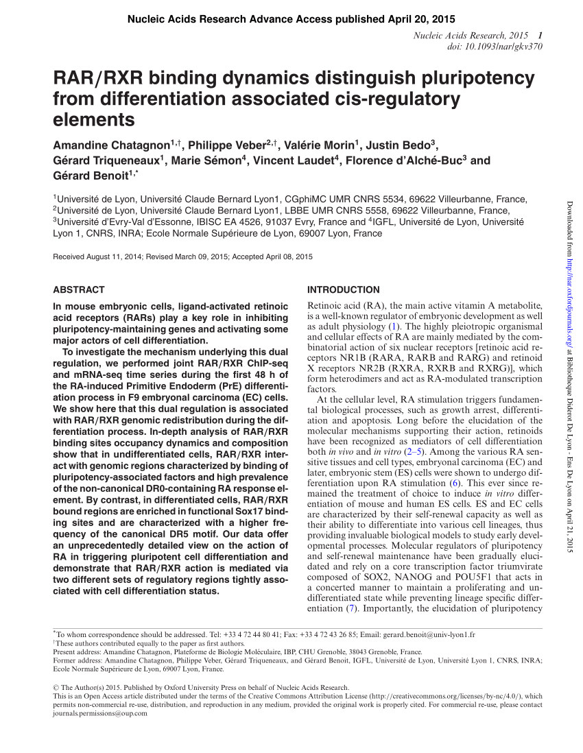 Pdf Rar Rxr Binding Dynamics Distinguish Pluripotency From Differentiation Associated Cis Regulatory Elements