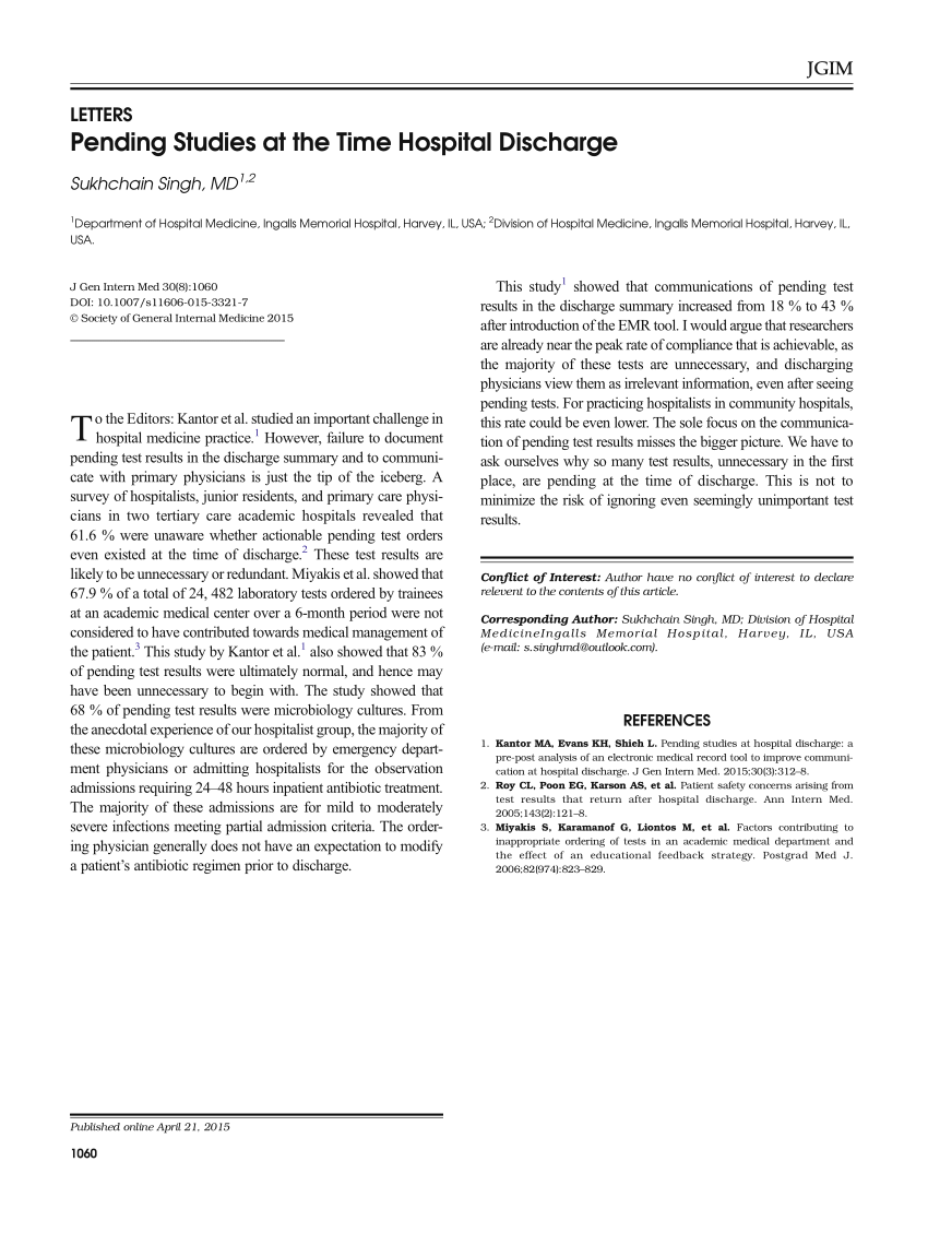 Pdf Pending Studies At The Time Hospital Discharge