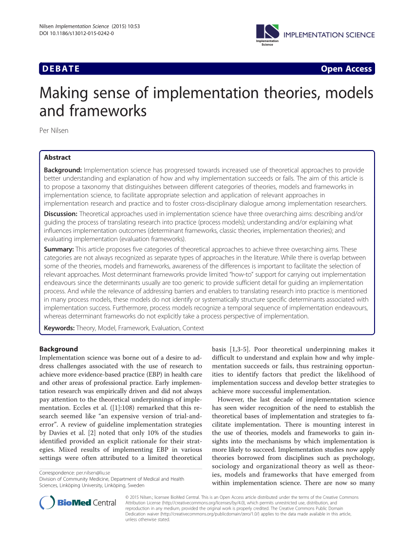 Pdf Making Sense Of Implementation Theories Models And Frameworks 