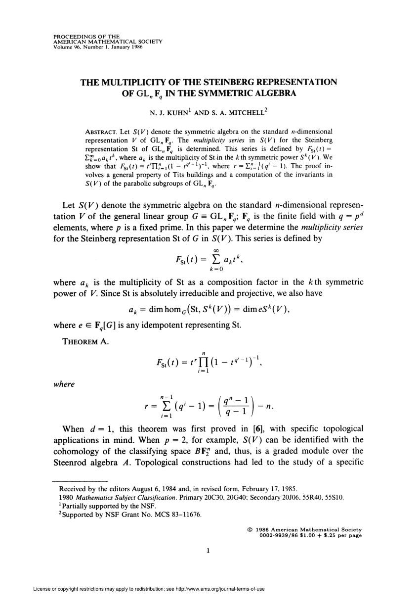Pdf The Multiplicity Of The Steinberg Representation Of Rm Gl Sb N Bf F Sb Q In The Symmetric Algebra