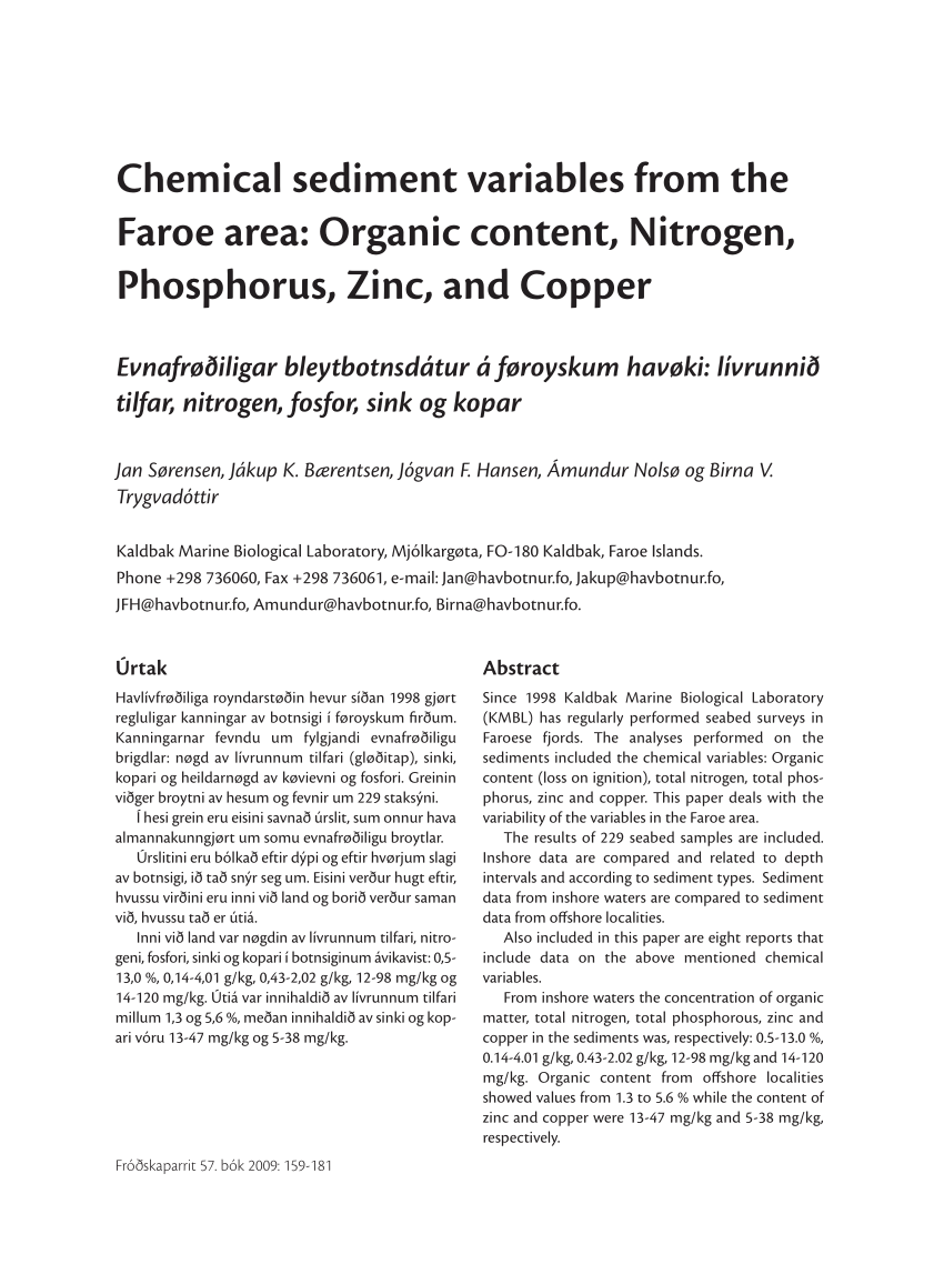 Pdf Chemical Sediment Variables From The Faroe Area Organic Content Nitrogen Phosphorus Zinc And Copper