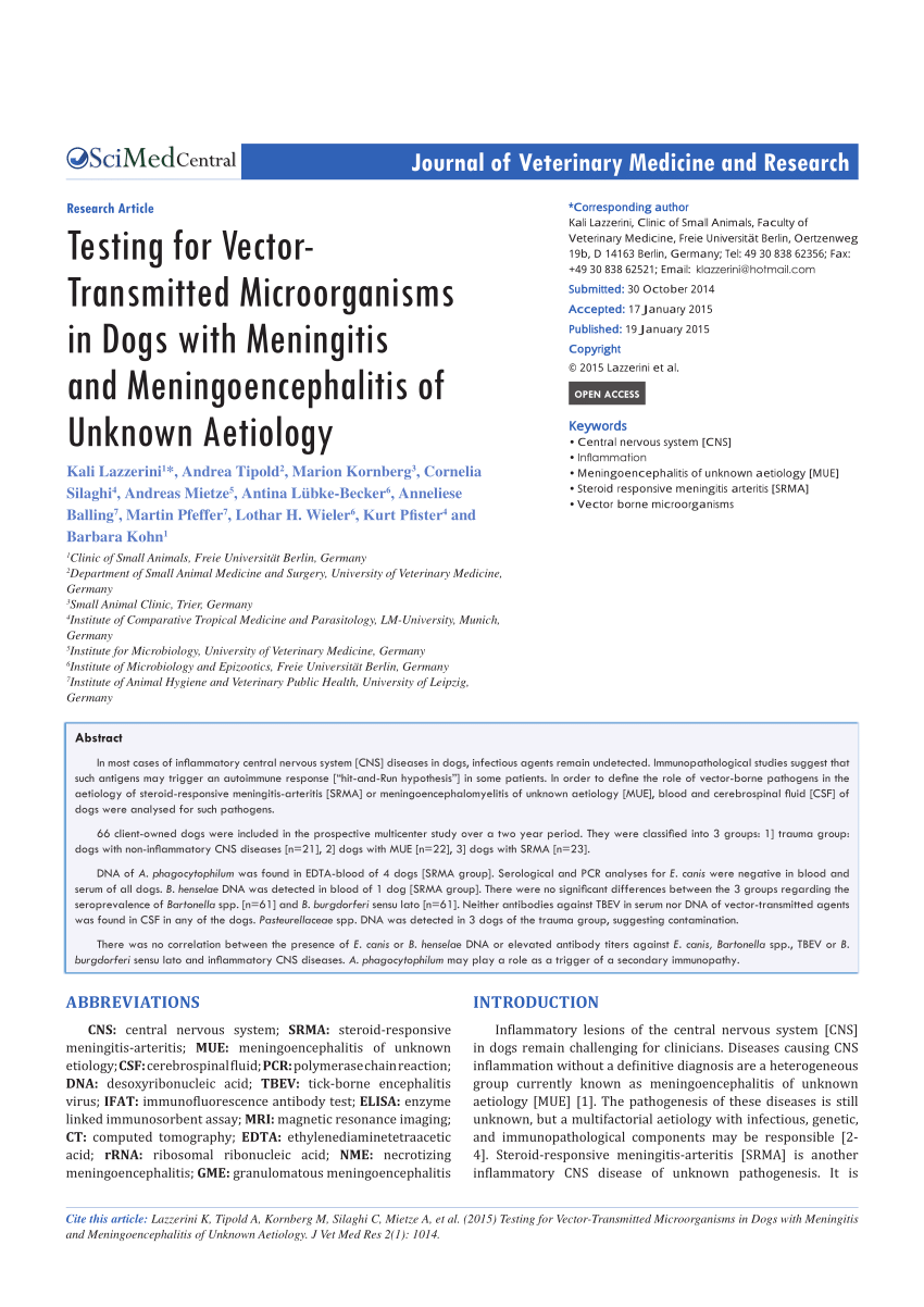 PDF) Testing for Vector-Transmitted Microorganisms in Dogs and of Unknown Aetiology