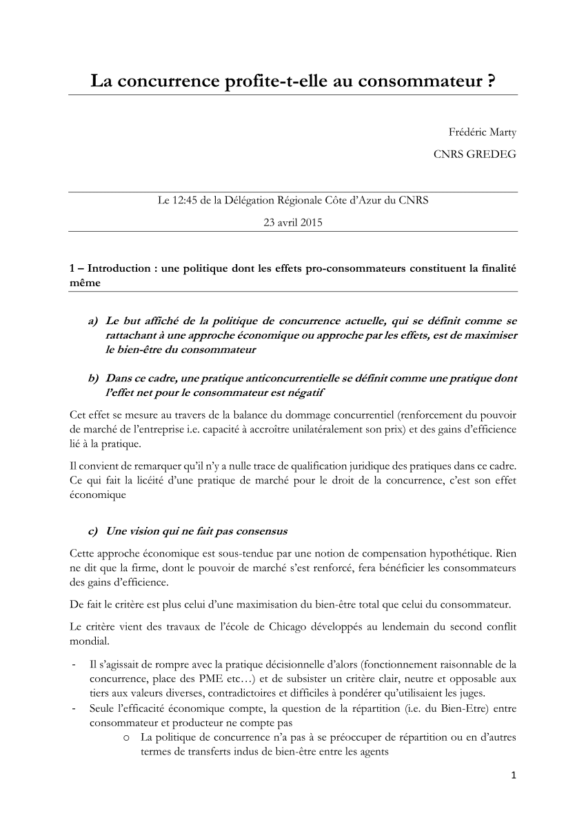 Pdf La Concurrence Profite T Elle Au Consommateur