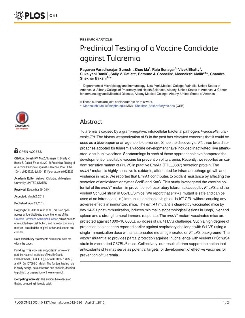 (PDF) Preclinical Testing of a Vaccine Candidate against Tularemia