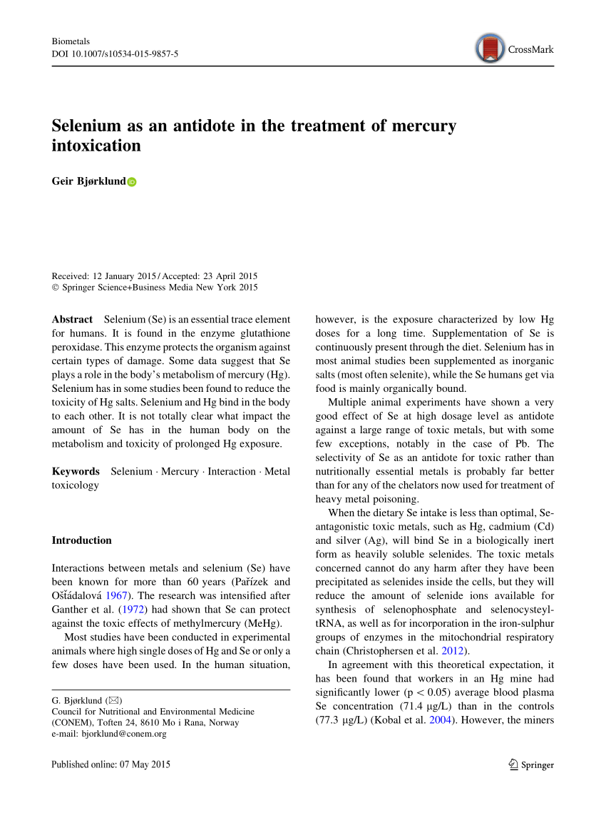 (PDF) Selenium as an Antidote in the Treatment of Mercury Intoxication