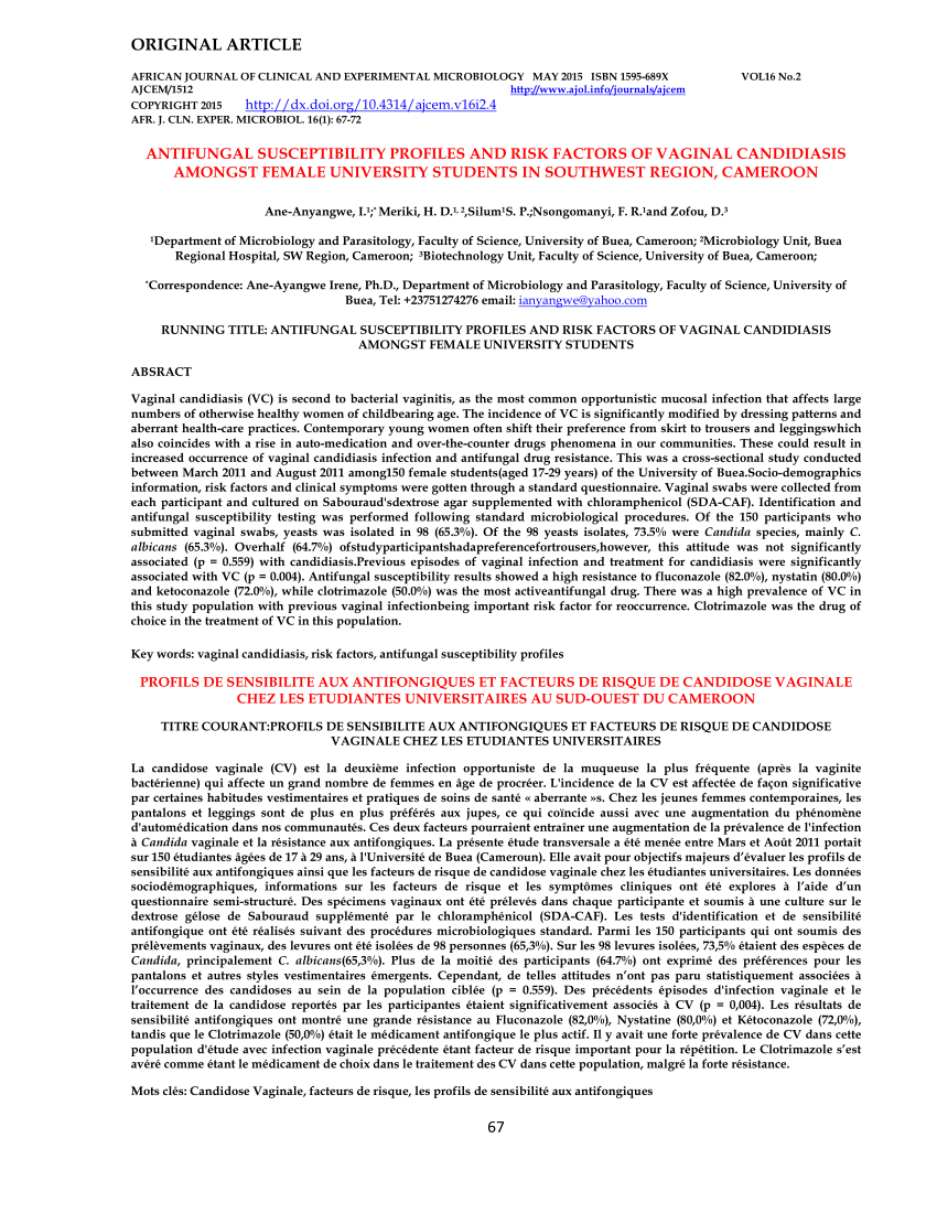 Pdf Antifungal Susceptibility Profiles And Risk Factors Of Vaginal Candidiasis Amongst Female 