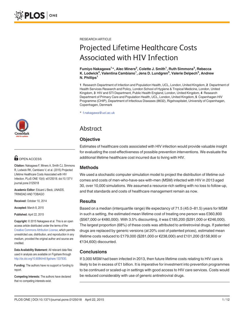 Pdf Projected Lifetime Healthcare Costs Associated With Hiv Infection