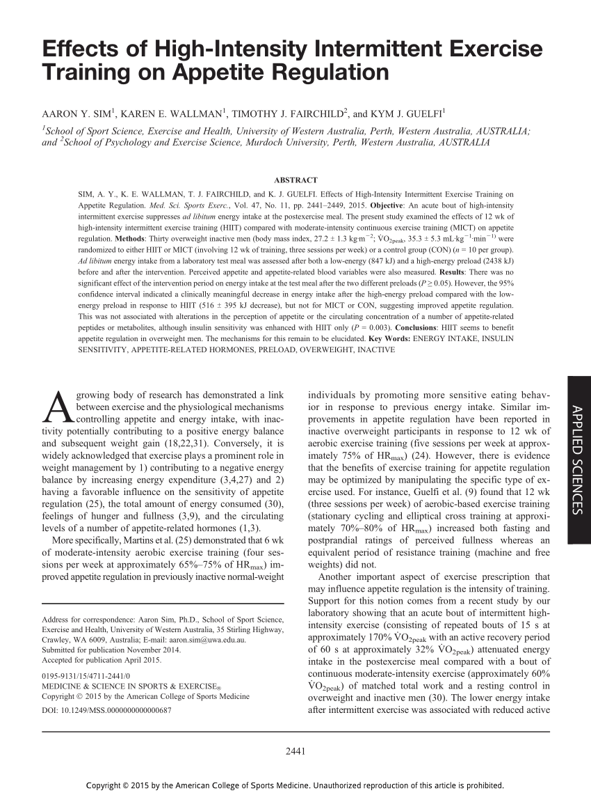 Pdf Effects Of High Intensity Intermittent Exercise Training On Appetite Regulation