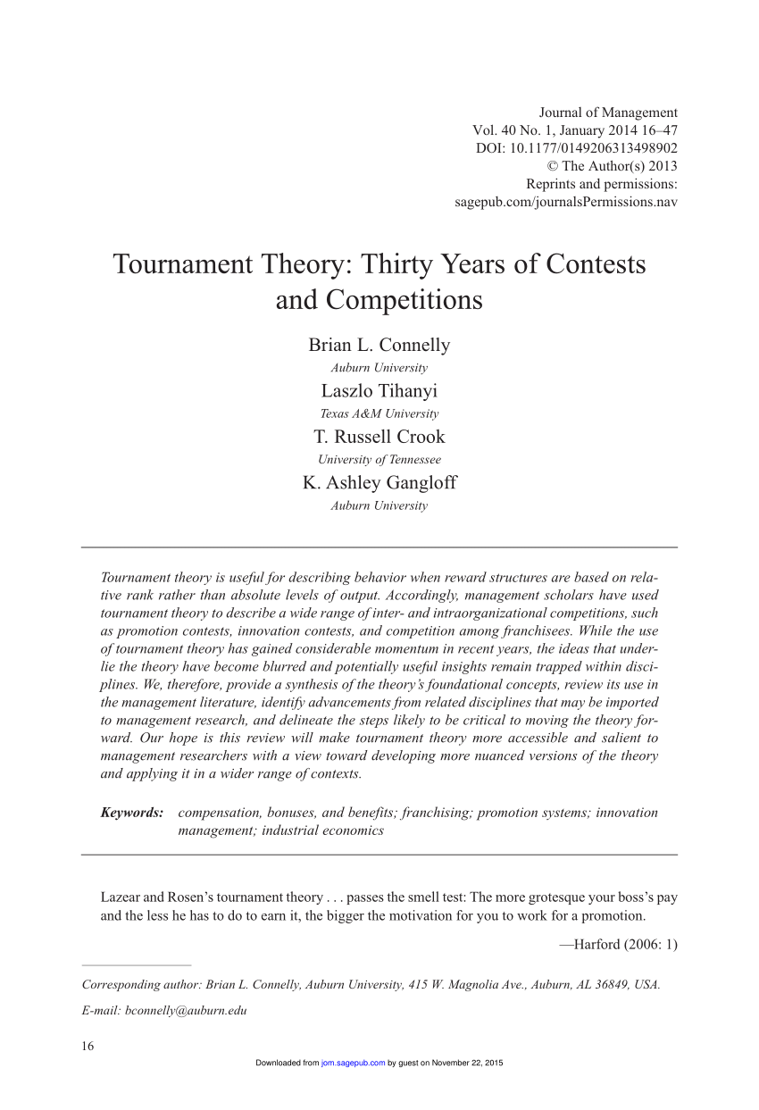 PDF) Tournament Theory Thirty Years of Contests and Competitions