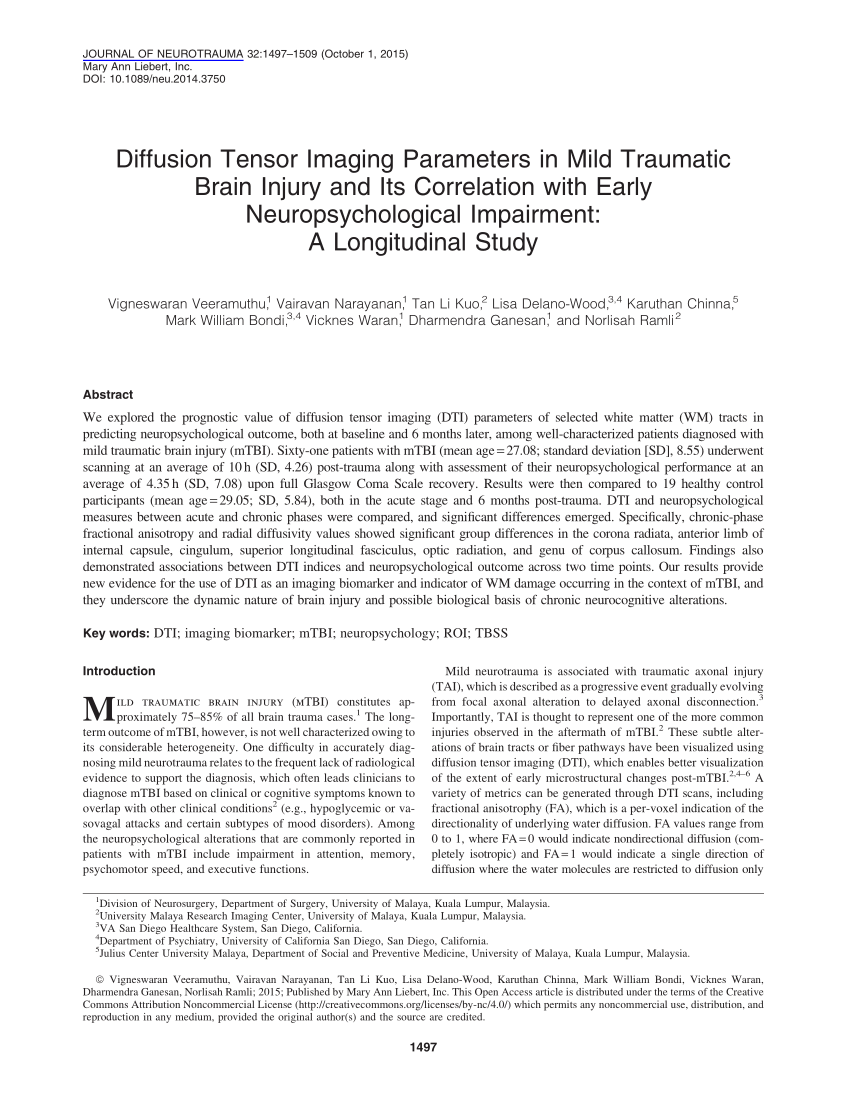 Diffusion Tensor Imaging in Traumatic Brain Injury, Neuropsychology