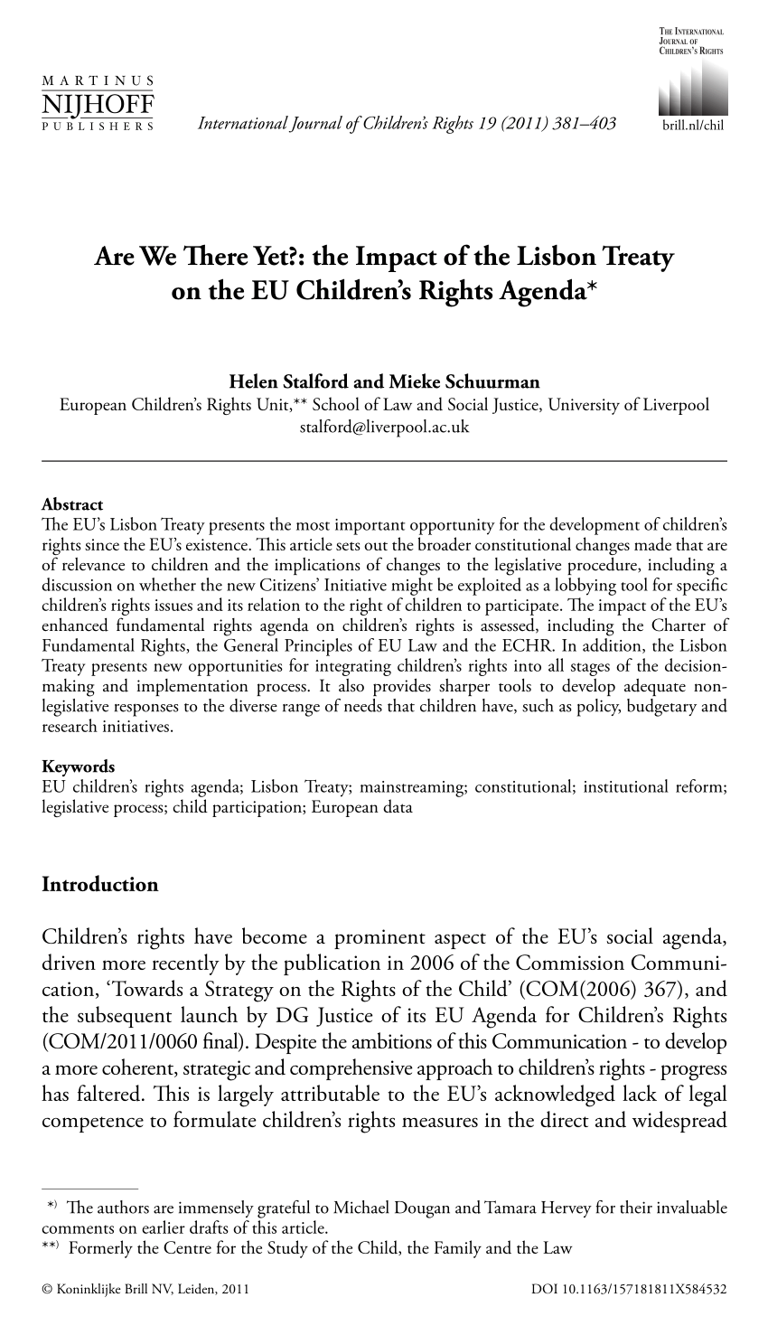 Pdf Are We There Yet The Impact Of The Lisbon Treaty On The Eu Children S Rights Agenda