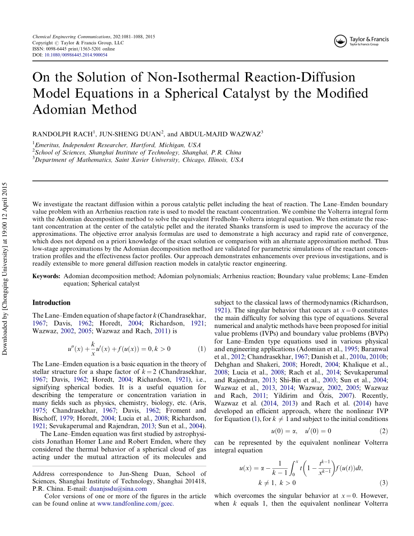 Pdf On The Solution Of Non Isothermal Reaction Diffusion Model Equations In A Spherical Catalyst By The Modified Adomian Method