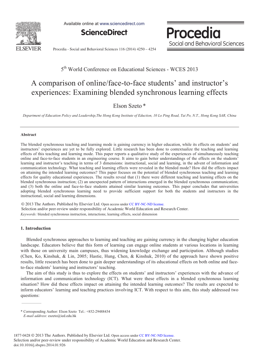 Pdf A Comparison Of Online Face To Face Students And Instructor S Experiences Examining Blended Synchronous Learning Effects