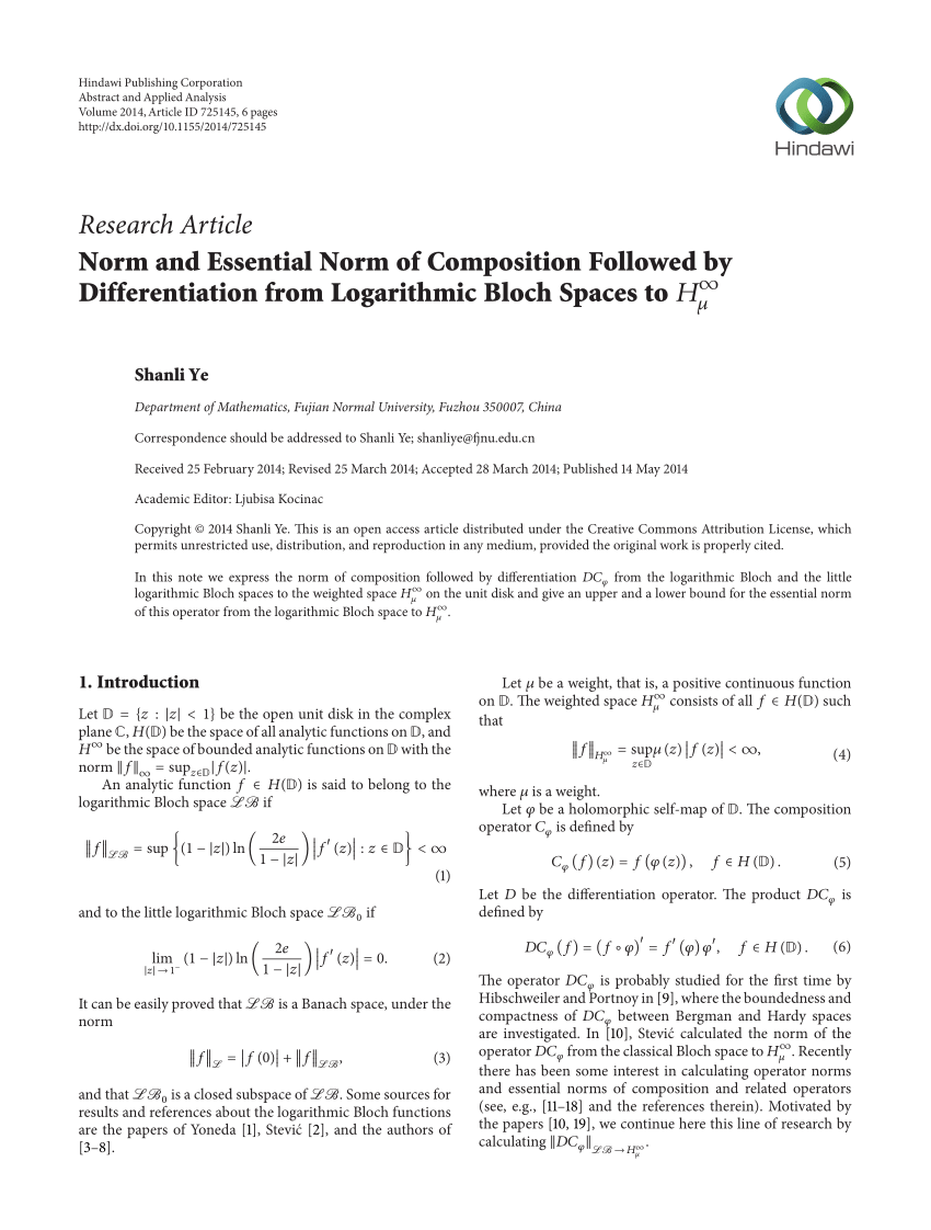 Pdf Norm And Essential Norm Of Composition Followed By Differentiation From Logarithmic Bloch Spaces To