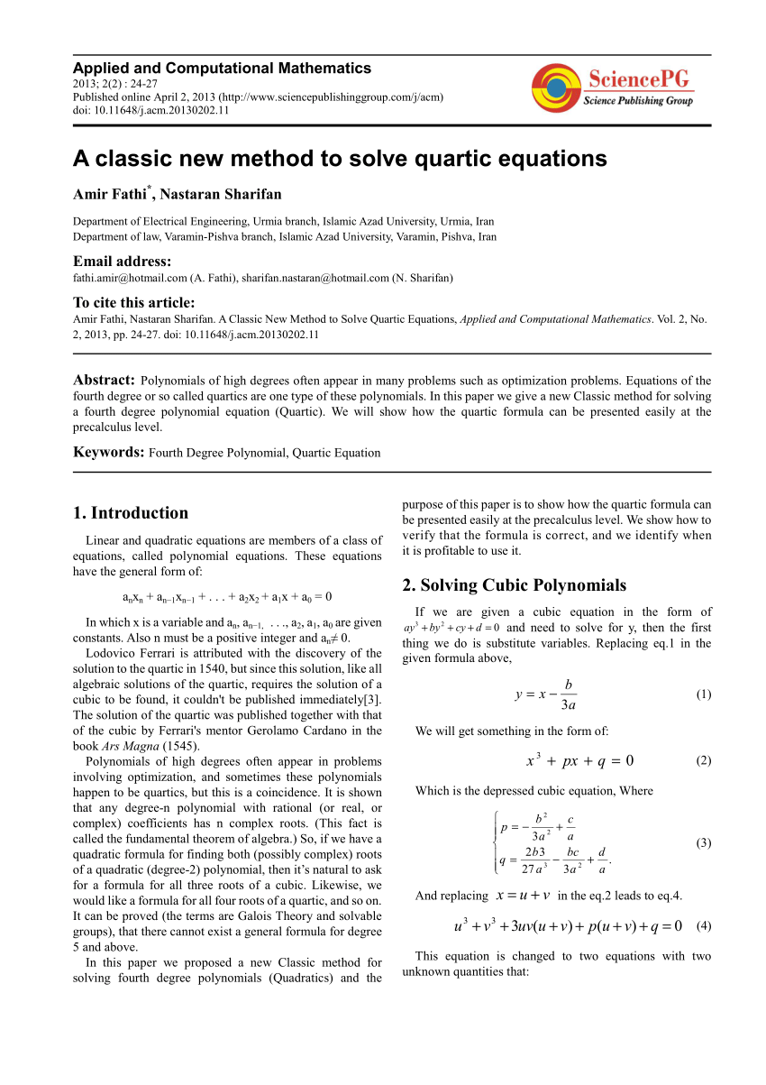 Pdf A Classic New Method To Solve Quartic Equations