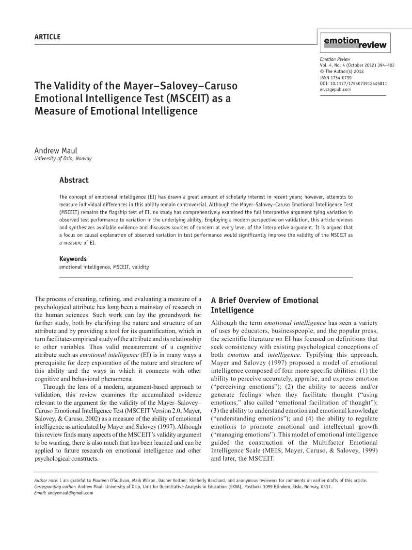 Pdf The Validity Of The Mayer-salovey-caruso Emotional Intelligence Test Msceit As A Measure Of Emotional Intelligence