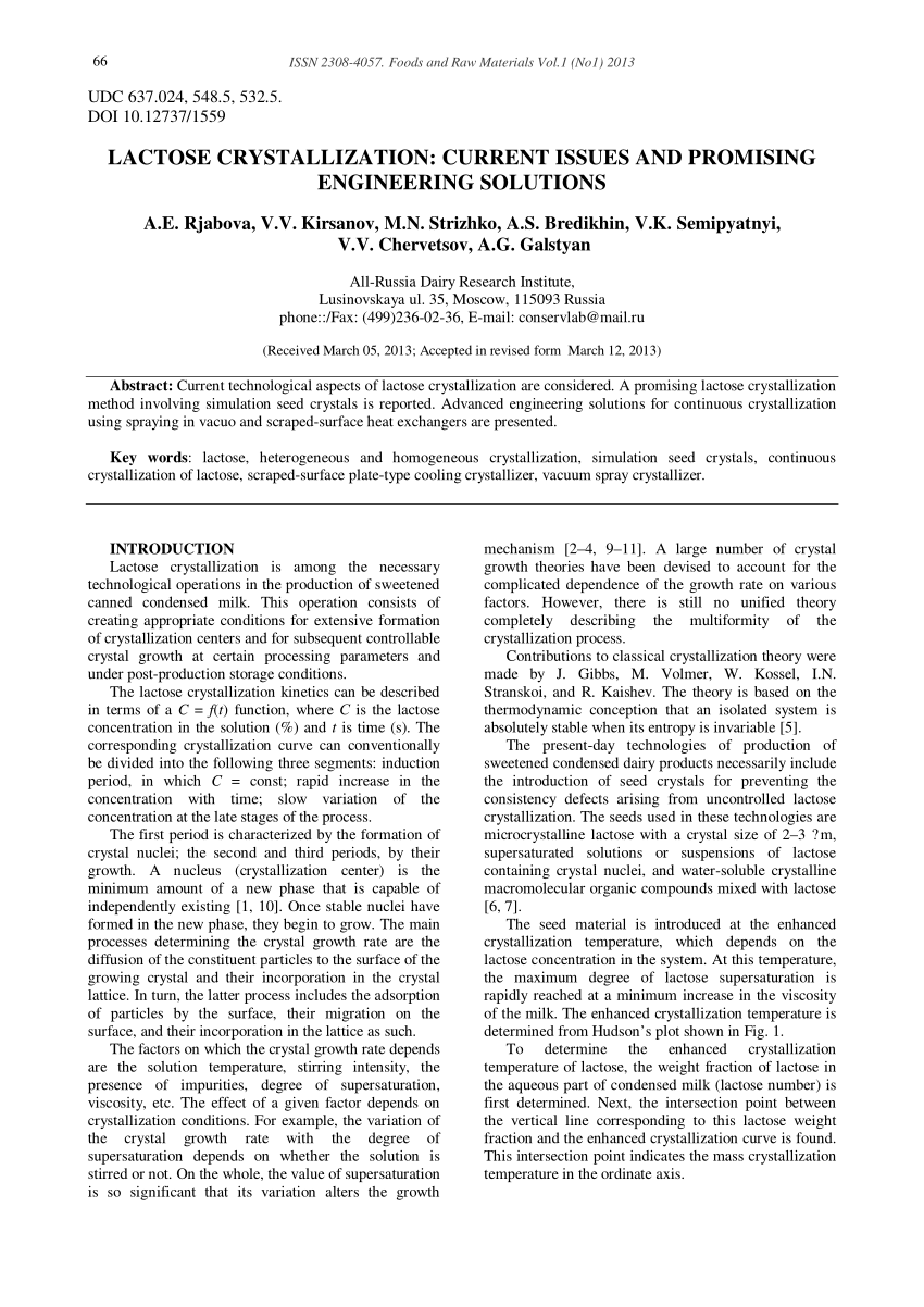 Pdf Lactose Crystallization Current Issues And Promising Engineering Solutions