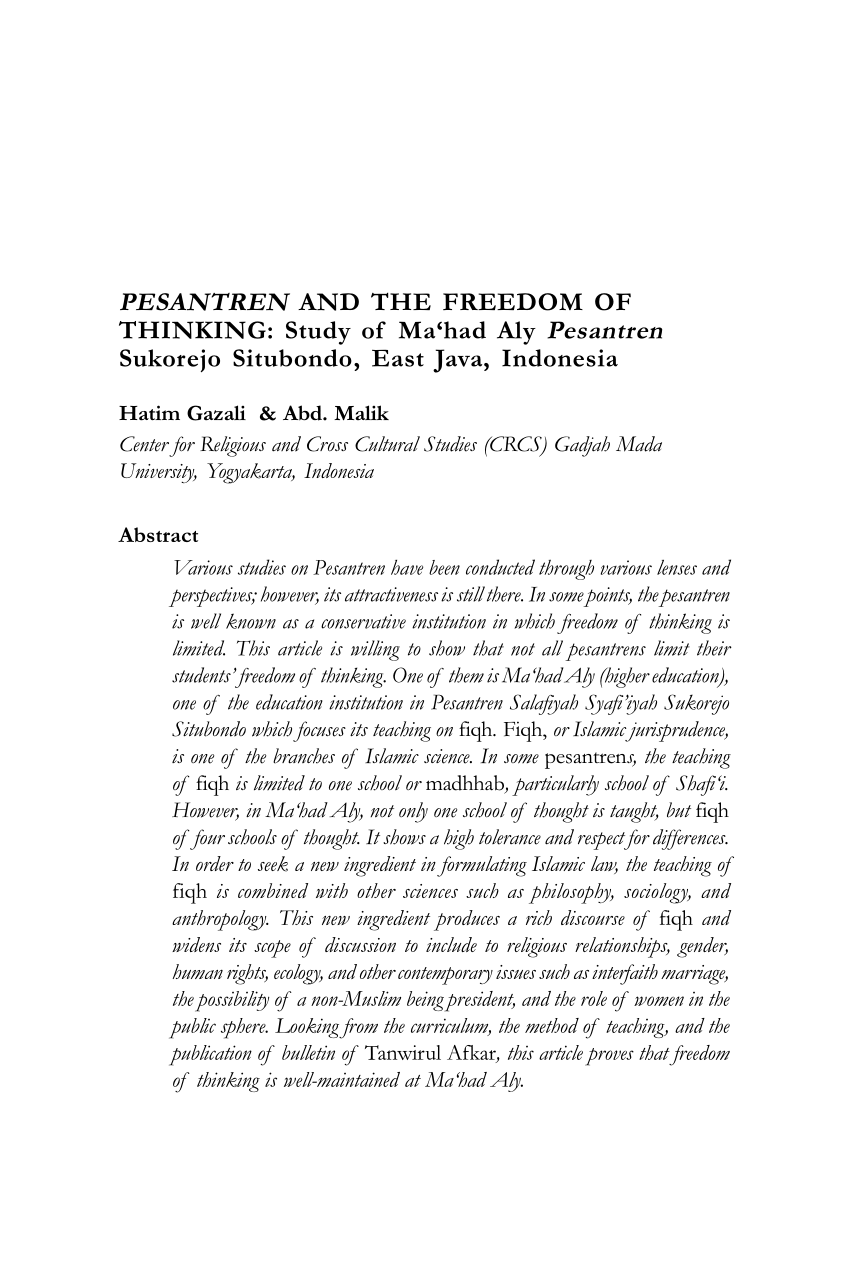 Pdf Pesantren And The Freedom Of Thinking Study Of Ma Had Aly Pesantren Sukorejo Situbondo East Java Indonesia