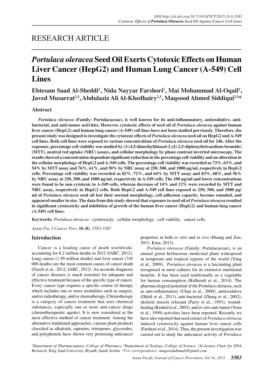Pdf Portulaca Oleracea Seed Oil Exerts Cytotoxic Effects On Human Liver Cancer Hepg2 And Human Lung Cancer A 549 Cell Lines