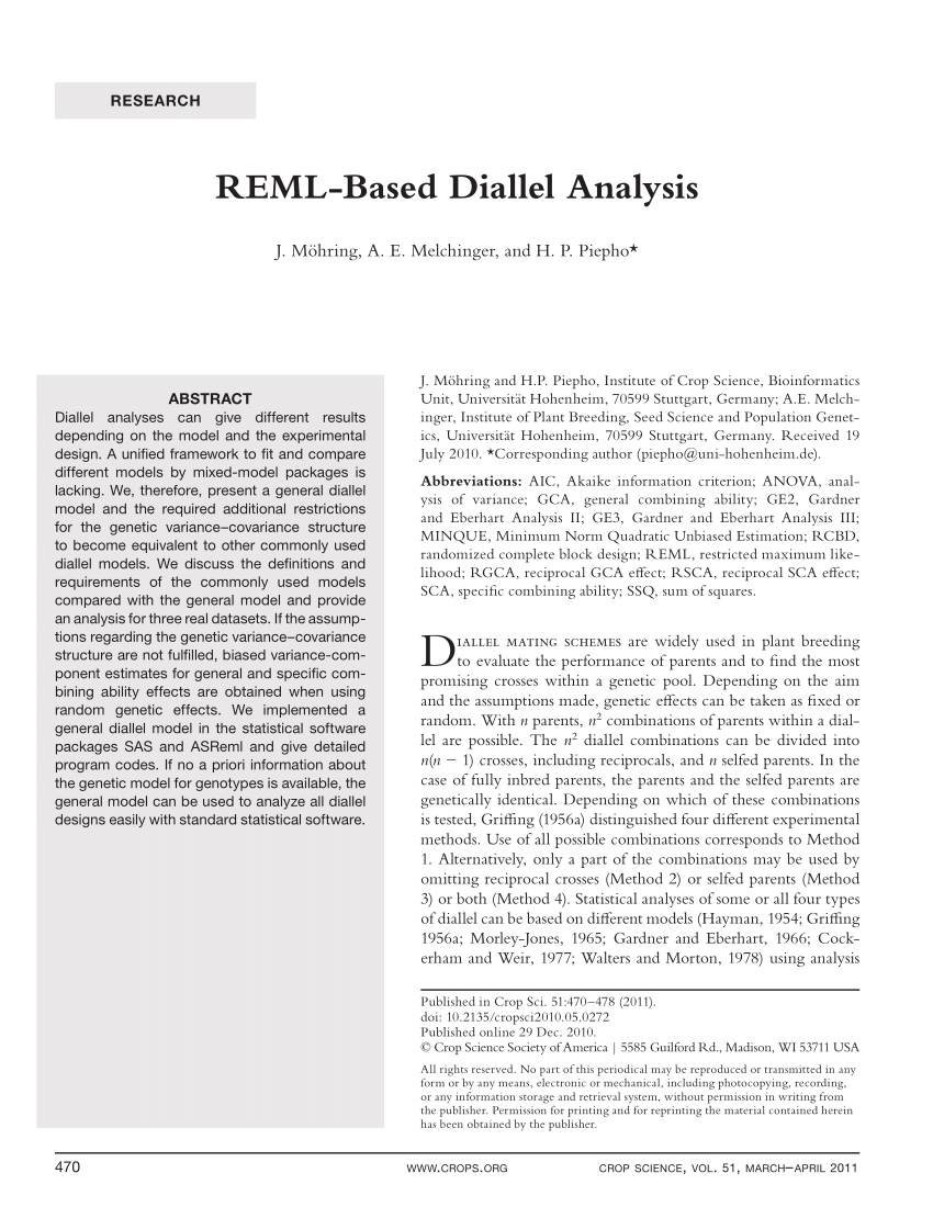 Pdf Reml Based Diallel Analysis