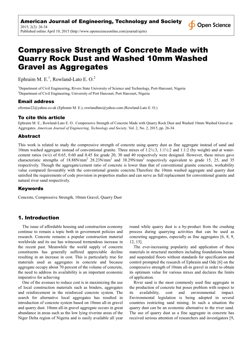 Pdf Compressive Strength Of Concrete Made With Quarry Rock Dust And Washed 10mm Gravel As Aggregates