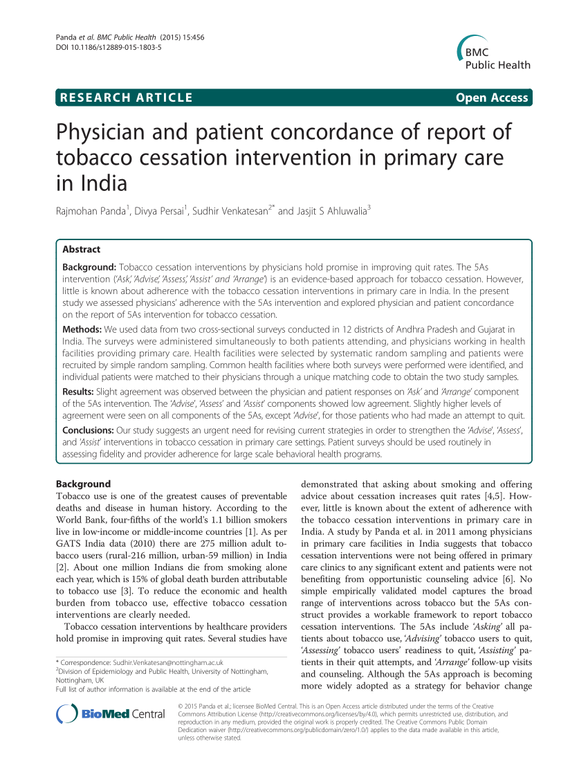 Pdf Physician And Patient Concordance Of Report Of Tobacco Cessation Intervention In Primary